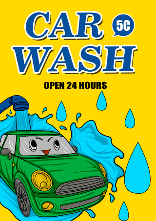 气泡蓝色背景海报模板_洗车服务黄色模板海报