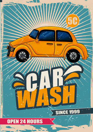 洗车美容价格表海报模板_洗车服务蓝色复古简约创意模板海报
