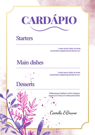 婚礼菜单花卉水彩紫色竖版模板