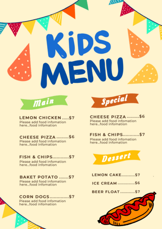 儿童菜单可爱海报模板_儿童菜单餐厅食物可爱风格模版