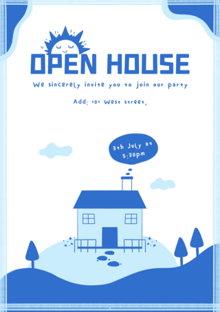 房子卡通海报模板_房屋开放日蓝色房子卡通邀请函