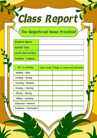 教学报告海报模板_成绩单幼儿园评分等级植物黄绿色简约卡通传单