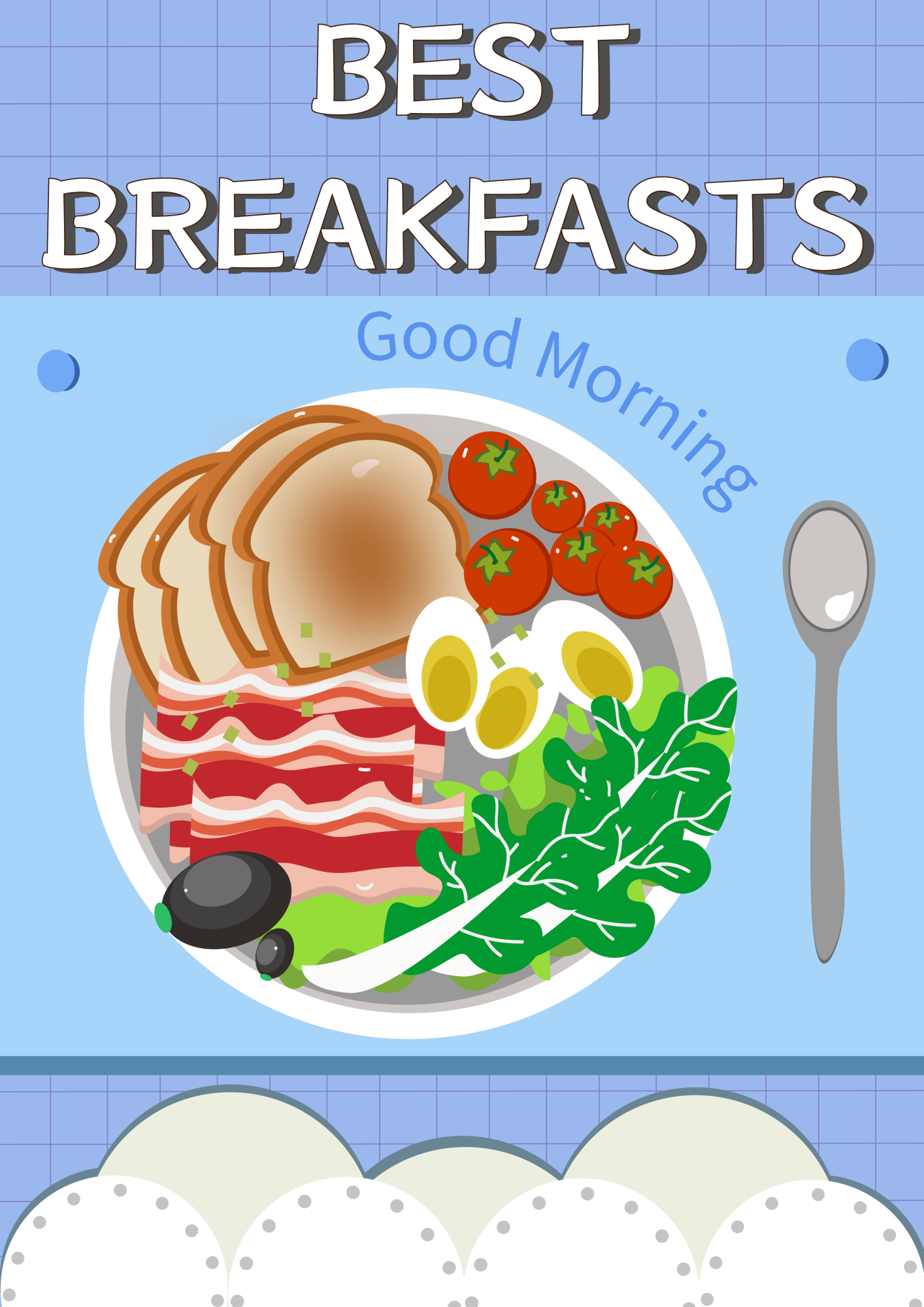 早餐食物卡通插画蓝色模板图片
