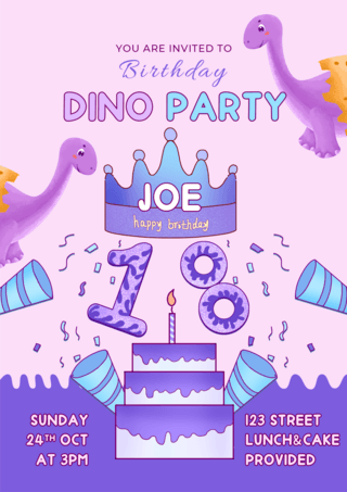 派对蛋糕海报模板_恐龙派对紫色卡通海报