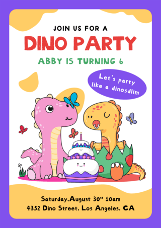 手绘的蛋糕海报模板_恐龙派对紫色卡通海报