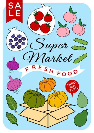 超级市场水果蔬菜促销蓝色海报
