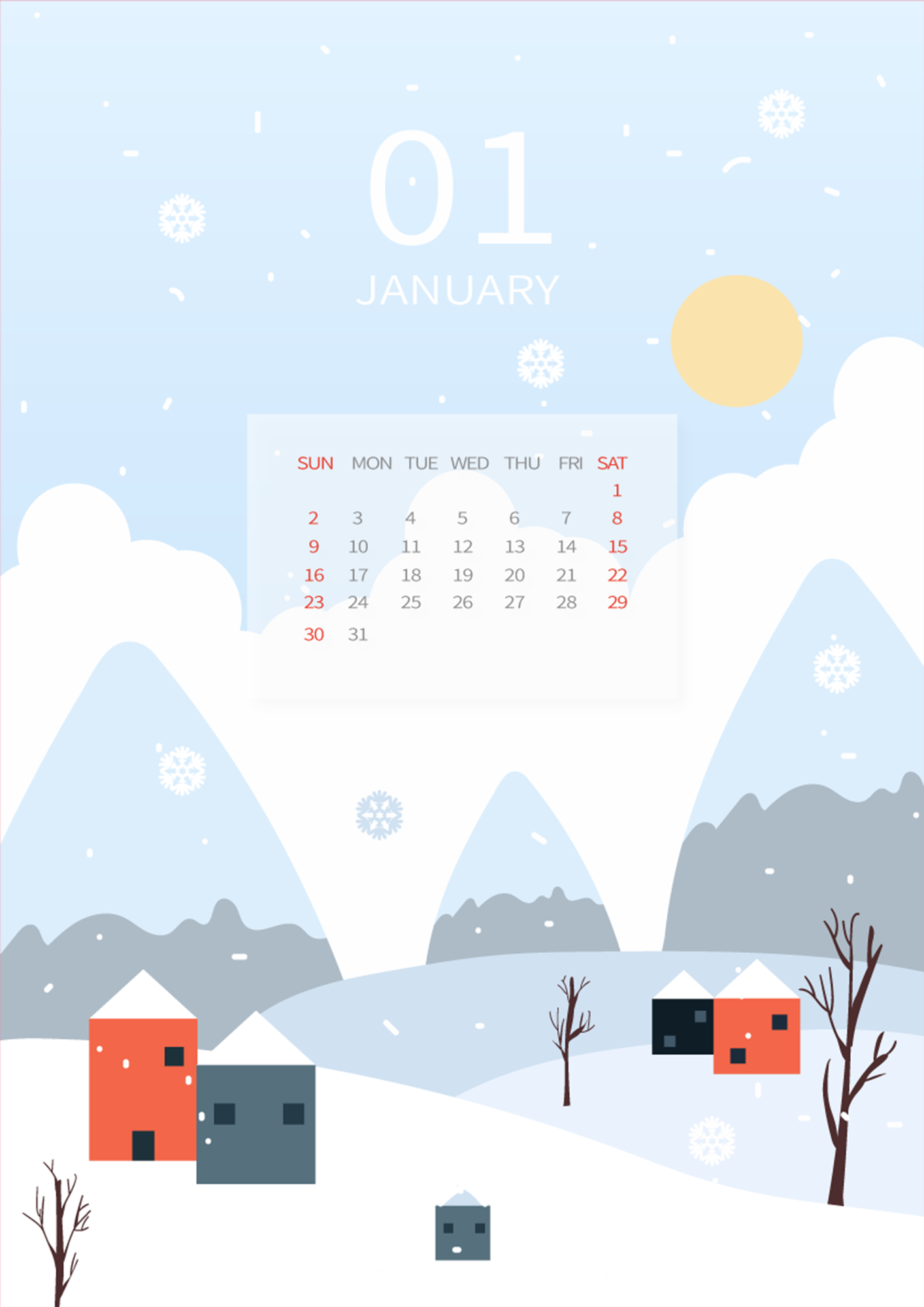 雪地风景插画风格白色1月日历图片