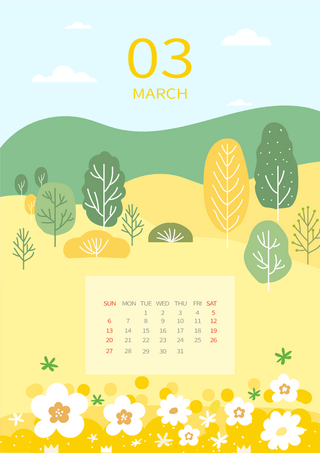新年快乐海报模板_花朵植物风景插画风格黄色3月日历