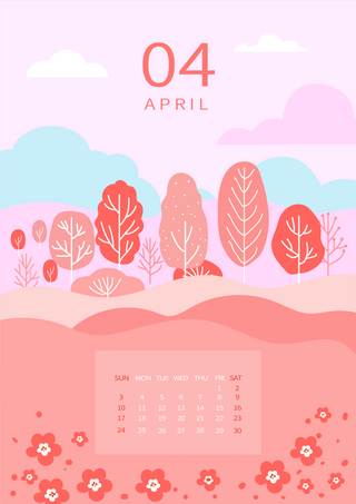花朵植物风景插画风格白色4月日历