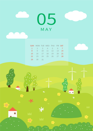 新年快乐插图海报模板_植物草坪插画风格绿色5月日历