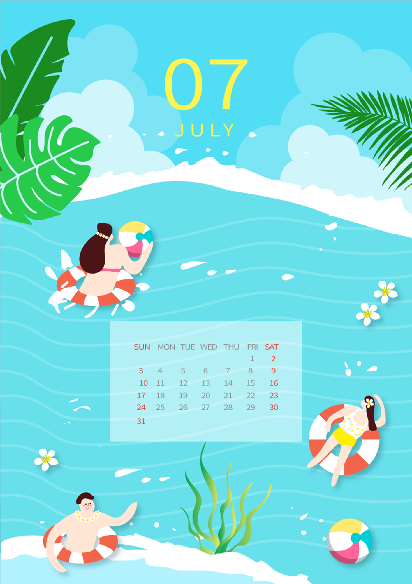 游泳夏季插画风格蓝色7月日历图片