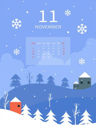雪地松树插画风格蓝色11月日历