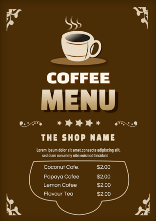 复古杯海报模板_咖啡杯咖啡菜单复古扁平棕色传单