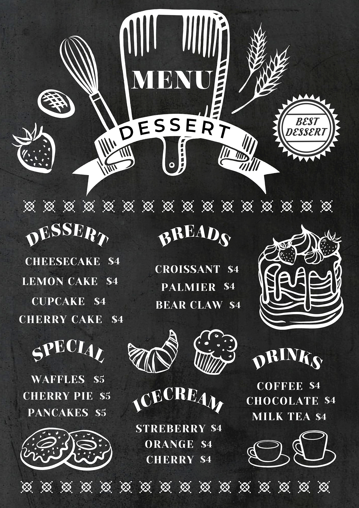 甜品菜单复古风格黑白模版图片