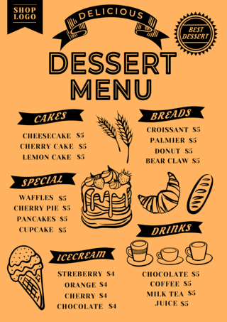 手绘甜品海报模板_甜品菜单复古风格黑色橘色模版