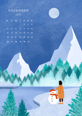 白色圣诞树叶海报模板_十二月份日历风景蓝色海报