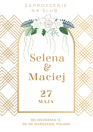 周年庆装饰元素海报模板_波兰婚礼邀请函花卉金色格子模版