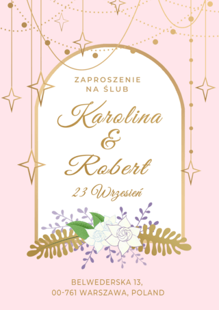 花卉背景粉色海报模板_波兰婚礼邀请函花卉金色粉色模版