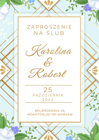 花纹设海报模板_波兰婚礼邀请函花卉复古蓝色模版