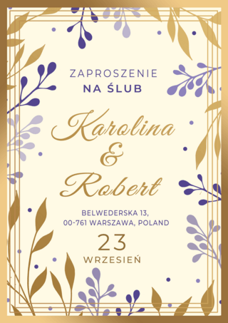 波兰婚礼邀请函花卉植物金色紫色模版
