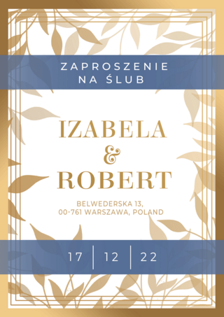 金色花背景海报模板_波兰婚礼邀请函植物金色蓝色模版