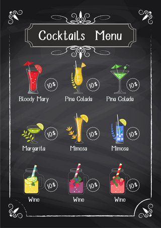 酒吧菜单海报模板_鸡尾酒黑板背景菜单彩色模板