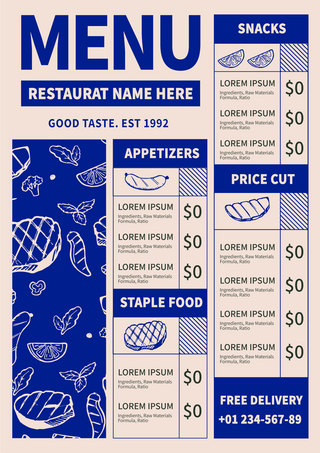 蓝色餐厅海报模板_餐厅复古风格菜单模板