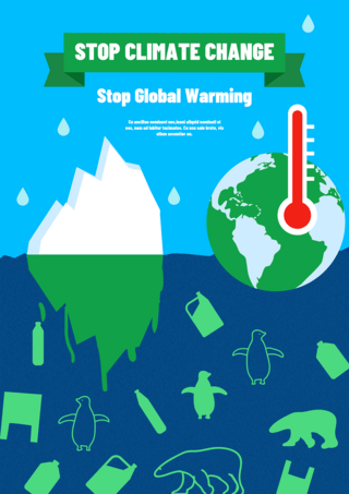 公益环保卡通海报模板_冰川融化全球变暖公益活动蓝色海报