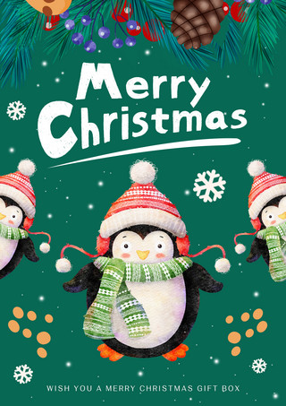 圣诞节装饰圣诞树海报模板_圣诞节动物绿色贺卡