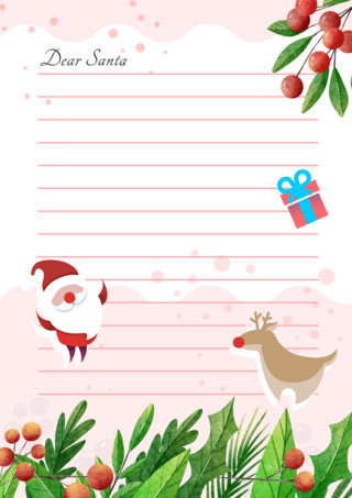 麋鹿贺卡海报模板_圣诞信纸白色淡粉色海报