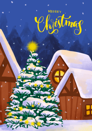 圣诞树夜晚海报模板_圣诞节雪屋贺卡水彩风格模板