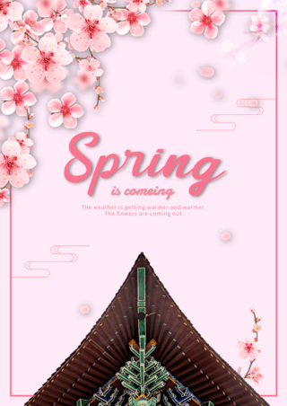 粉色浪漫海报模板_春天樱花枝叶花瓣粉色宣传海报