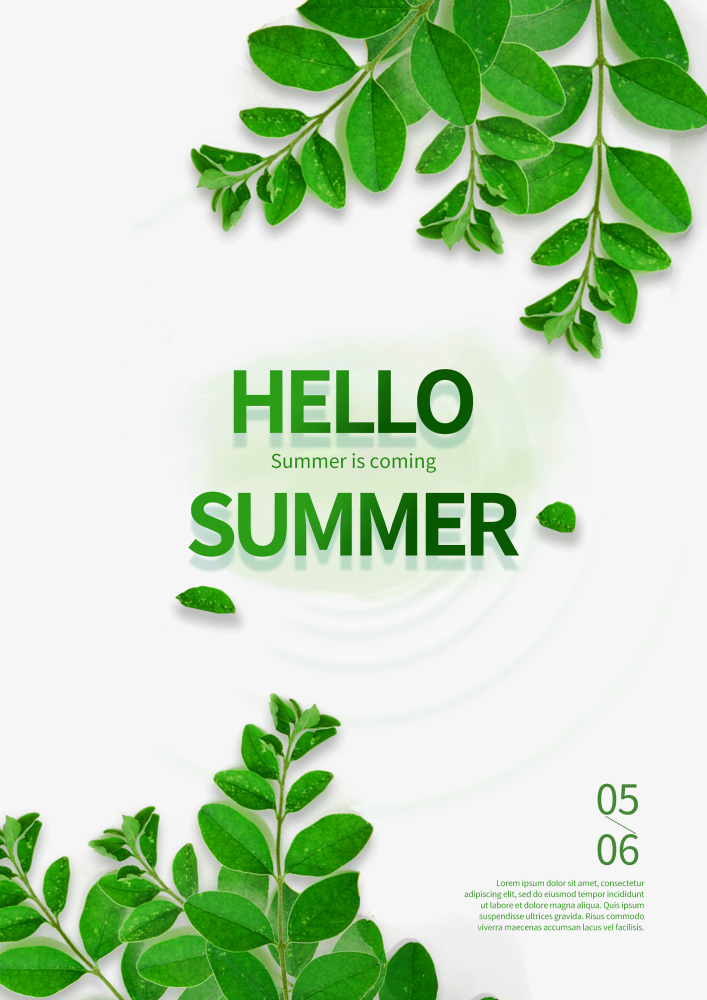 你好夏天绿色植物水波纹宣传模板竖版海报图片
