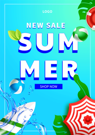 夏天销售卡通冲浪板蓝色宣传海报