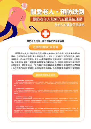 病房病人海报模板_卡通老人跌倒卫教单张色彩几何医学预防宣传传单