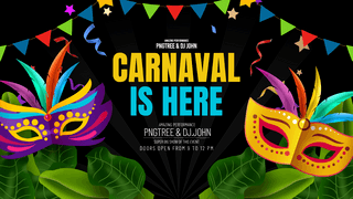 彩色彩旗海报模板_彩旗热带植物叶子面罩巴西狂欢节节日派对网页横幅