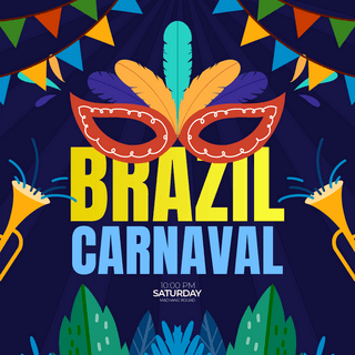 巴西狂欢海报模板_彩旗热带植物面具喇叭巴西狂欢节节日社交媒体广告