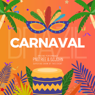 热带植物海报模板_大鼓热带植物叶子椰子树面具巴西狂欢节节日社交媒体广告