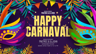派对面具海报模板_彩旗热带植物叶子眼罩巴西狂欢节派对网页横幅