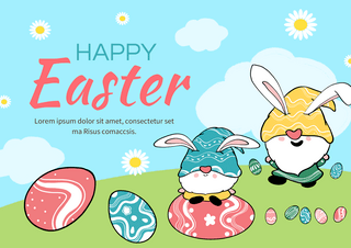 可爱的贺卡海报模板_复活节侏儒兔子彩色祝福贺卡