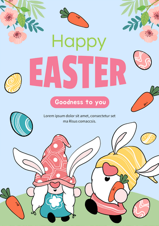 耳朵可爱海报模板_侏儒兔子复活节彩色宣传海报