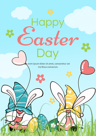 可爱兔子耳朵海报模板_侏儒兔子复活节彩色宣传海报