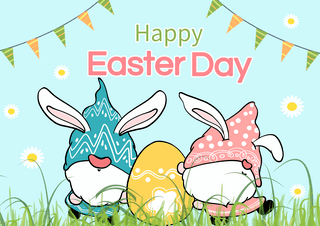 可爱卡通兔子耳朵海报模板_侏儒兔子复活节彩色祝福贺卡