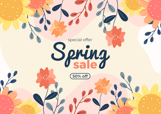 春季季节海报模板_花卉植物叶子卡通线条春季宣传促销贺卡