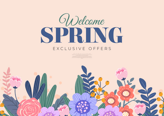春季你好海报模板_卡通花卉植物叶子春季宣传促销折扣贺卡