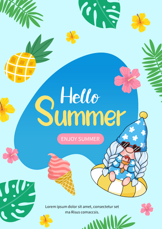水彩冰淇淋海报模板_侏儒植物夏天你好可爱蓝色海报