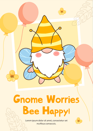 黄色可爱女孩海报模板_蜜蜂侏儒气球生日快乐彩色海报