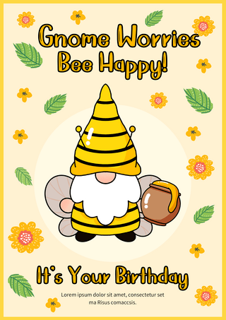 侏儒退出海报模板_蜜蜂侏儒植物生日快乐卡通黄色海报