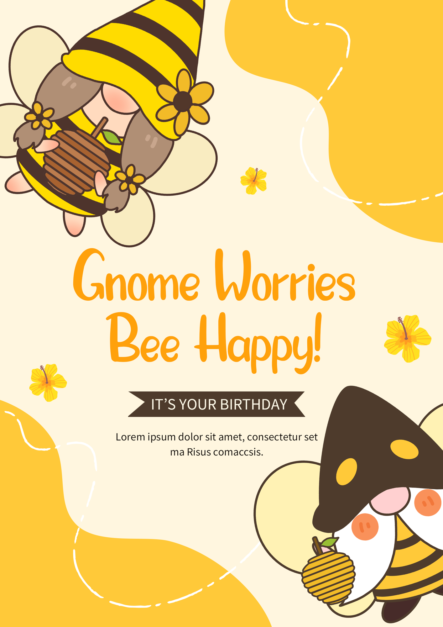 蜜蜂侏儒生日快乐卡通黄色海报图片