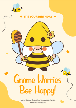 黄色可爱女孩海报模板_蜜蜂侏儒生日快乐卡通黄色海报